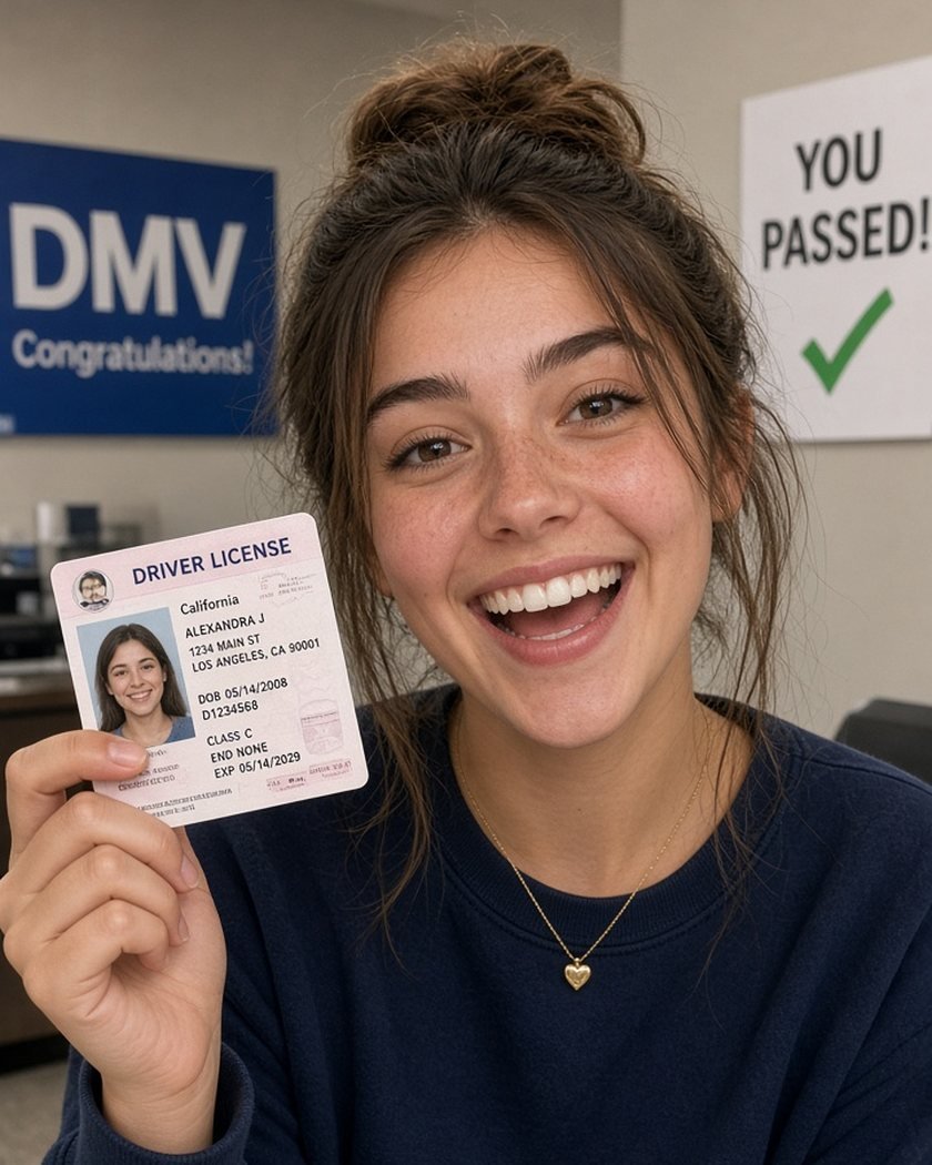 A teen driver holding up her new California driver license after passing the DMV written test