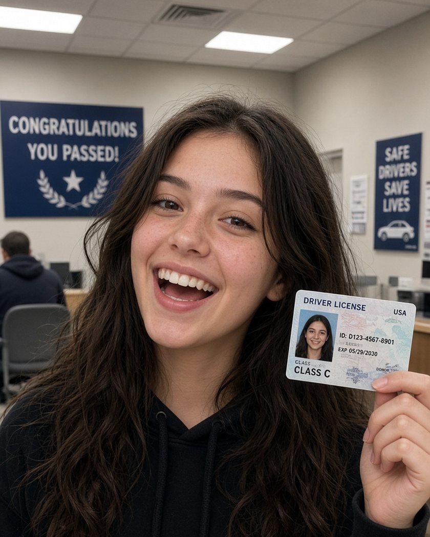 A new driver smiling as she holds up her driver license at the DMV, under a “Congratulations, you passed!” sign